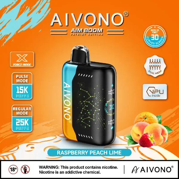 aivono 25000 25k puffs smart disposable vape with screen raspberry peach lime flavor
