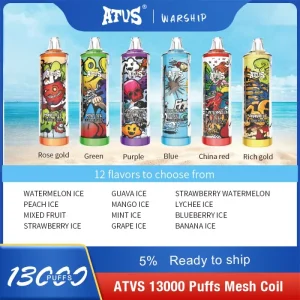 ATVS Warship 13000 Puffs Disposable Vape Pen in 6 color designs with 12 flavor options including Strawberry Watermelon and Mint Ice