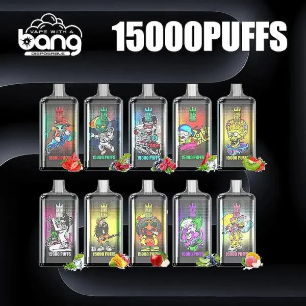 Vapeador desechable Bang King 15000 puffs con bobina de malla, carga Type-C y diseño recargable.