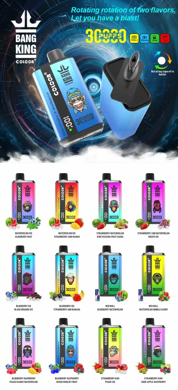 Bang King 30000 vape monouso collezione completa di sapori che mostra tutte le 12 opzioni a doppio sapore