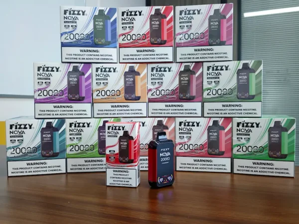 Real shot of FIZZY Nova 20000 puffs disposable vape with retail packaging display