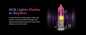 Fumot RandM Tornado 30K vape with RGB lights synced to music for dynamic visual effect