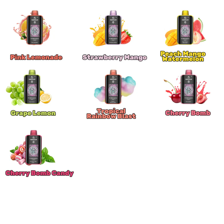 Fumot Tornado 25000 vape flavor group with 7 flavor options shown together