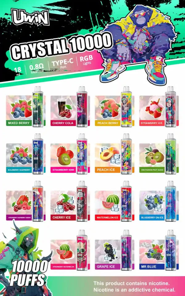 Uwin Crystal 10000 vape full flavor collection chart with 18 flavor options
