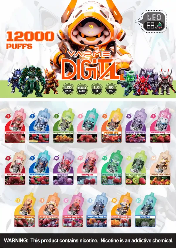 VAPME 12000 Puffs Digital vape collection showing full flavor lineup and features