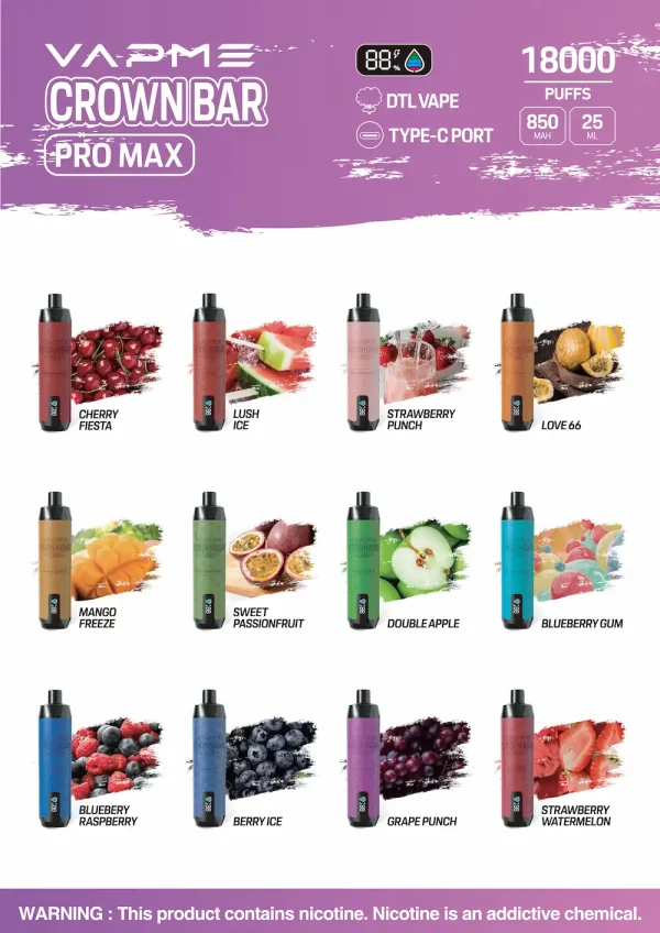 VAPME Crown Bar 18000 puffs disposable vape – full lineup of color variants with icons and specs