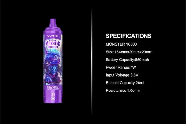 VAPME Monster 16000 puffs disposable vape specifications display