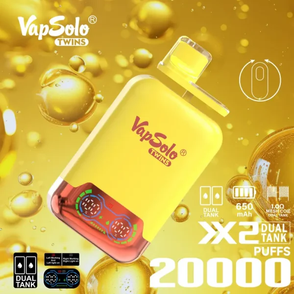 VapSolo Twins 20000 20K Puffs Dual Flavour Disposable Vape - Yellow with rotating mouthpiece and dual flavour system