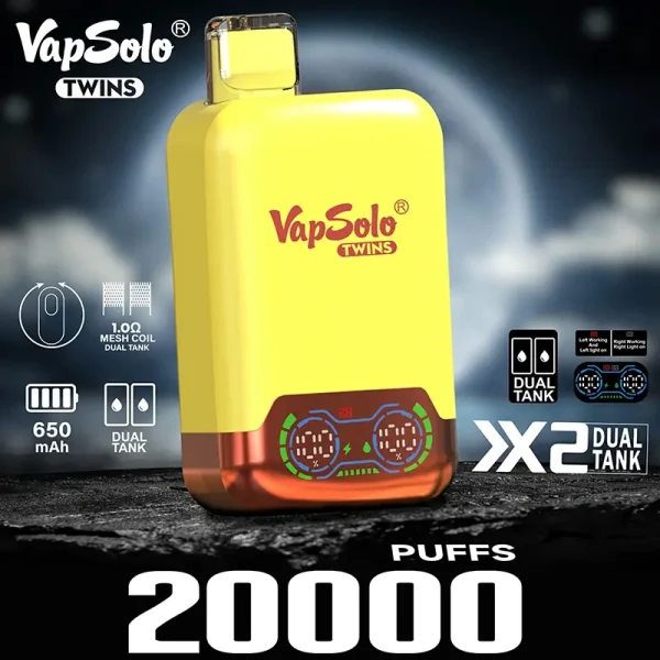 VapSolo Twins 20000 20K Puffs Dual Flavour Disposable Vape - Yellow device with dual tank and LED screen