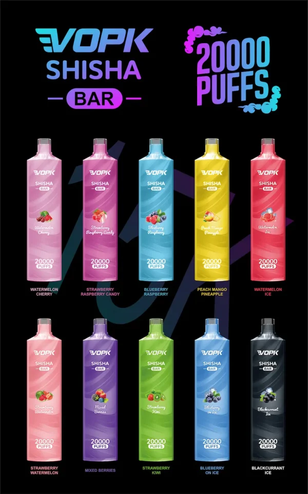 VOPK 20000 puffs shisha vape back view lineup with LED screen display