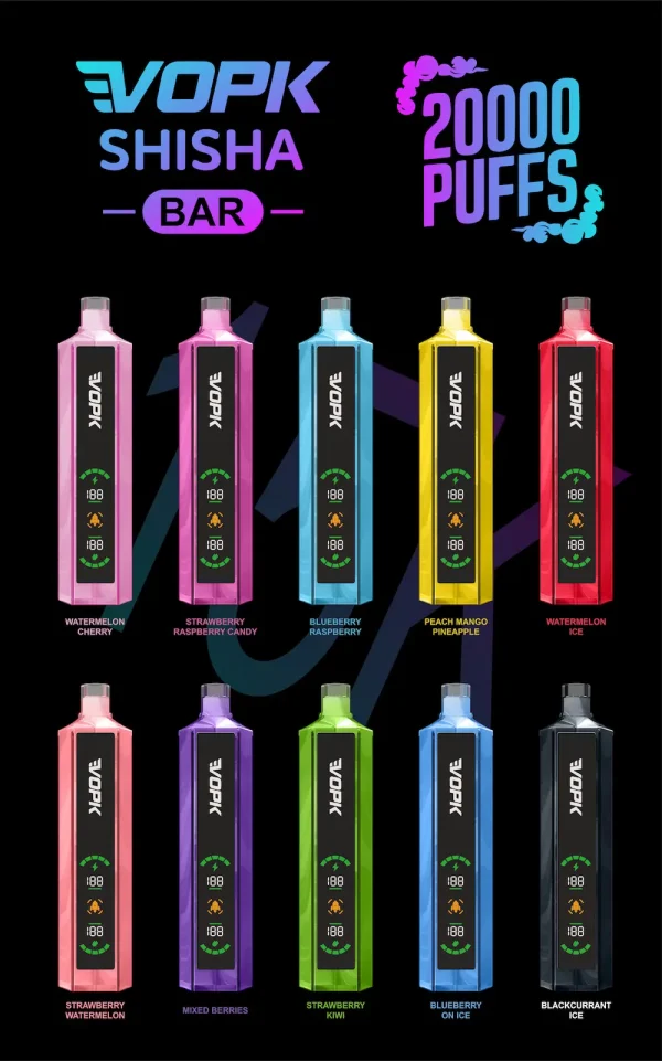 VOPK 20K puffs shisha bar front view poster showing all vape color styles
