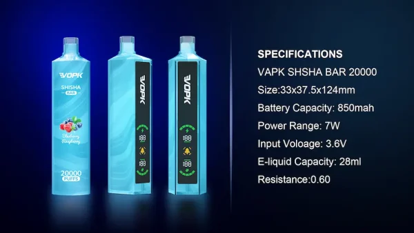 VOPK 20000 puffs shisha vape device with full specifications and side views
