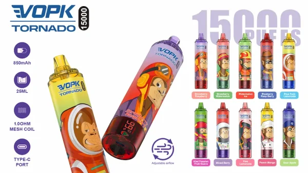 VOPK Tornado 15000 puffs disposable vape lineup showing all available flavors