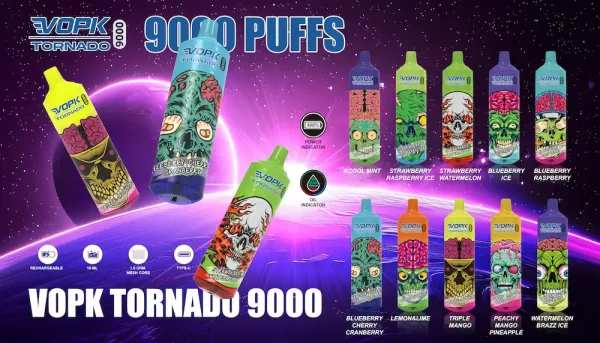 VOPK Tornado 9000 RGB disposable vape flavor lineup with 12 styles