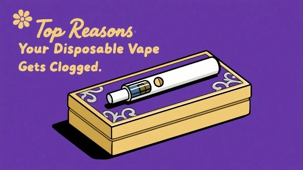 A clogged disposable vape with icons of condensation, thick oil, low battery, and cold temperature