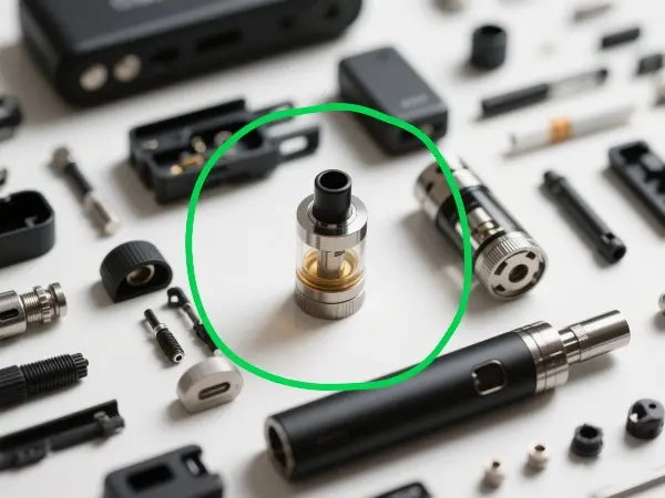 Transparent e-liquid tank of a vape device for flavor storage