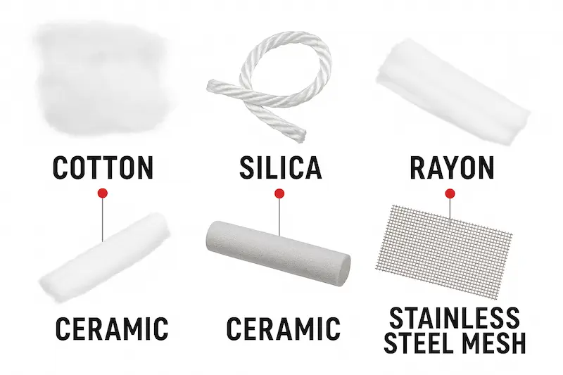 Various wicking materials for vape coil liquid delivery