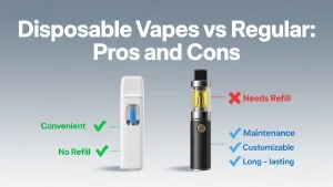 Cover image comparing disposable vapes and regular e-cigarettes with pros and cons visuals