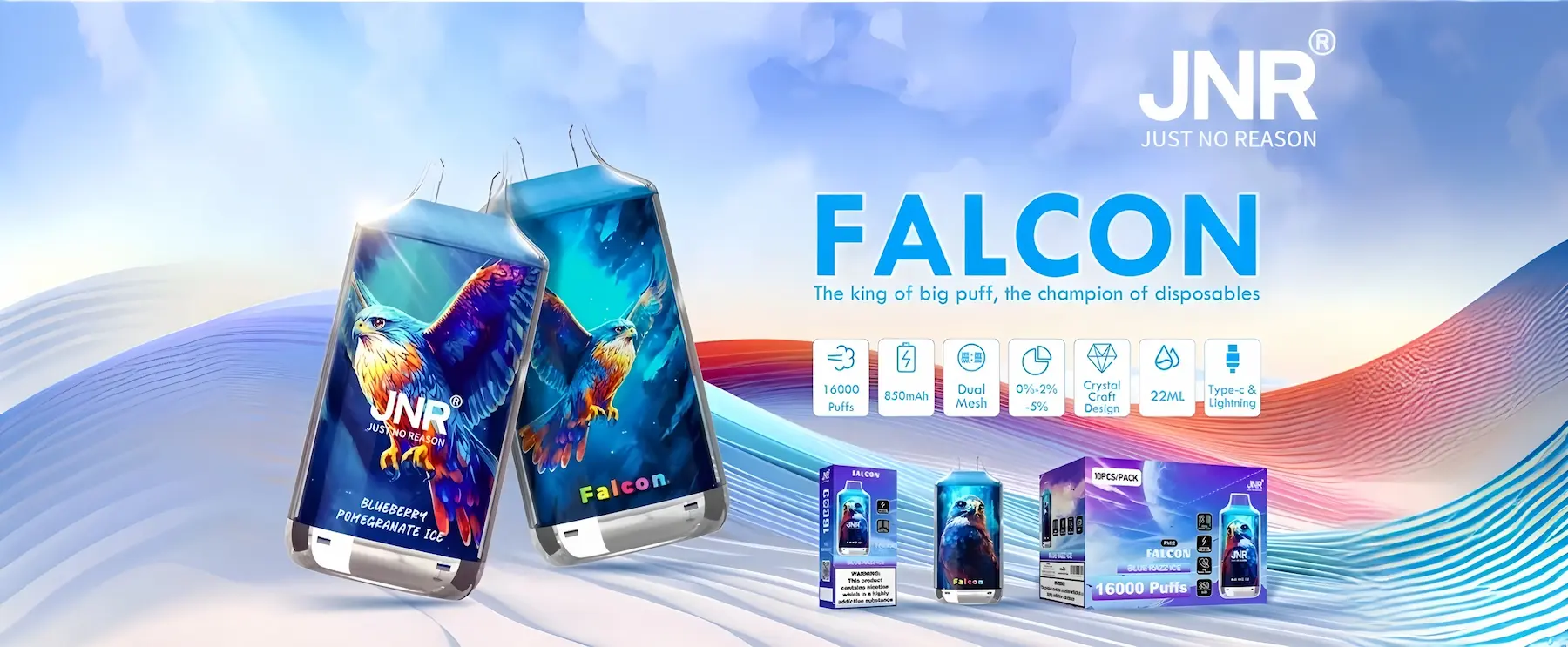 JNR Falcon 16000 Puffs Disposable Vape – High-capacity e-cigarette with dual mesh coil, 22ml e-liquid, and Type-C charging.