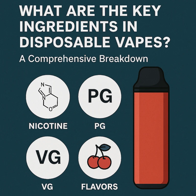 Key ingredients in disposable vapes including nicotine, PG, VG, and flavors