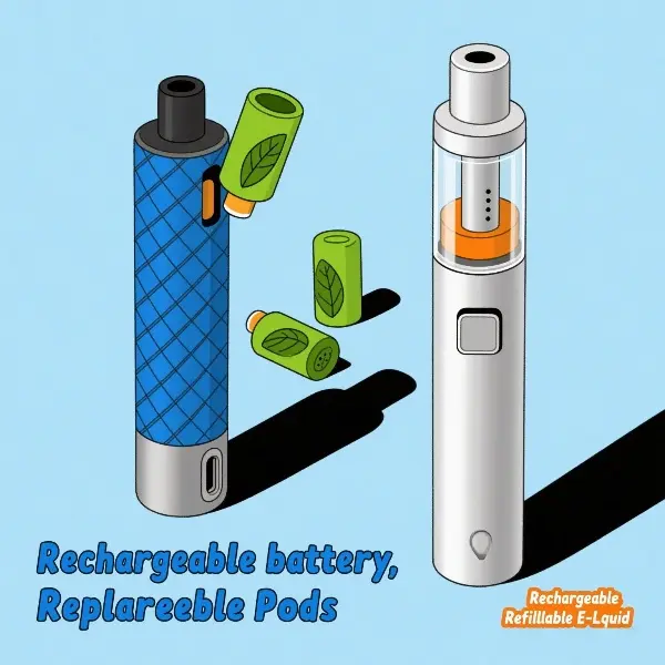 Rechargeable vape devices with replaceable pod system and refillable tank option.