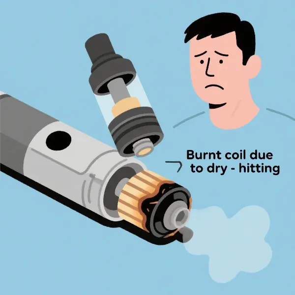 Charred vape coil indicating dry hit or burnt cotton inside atomizer