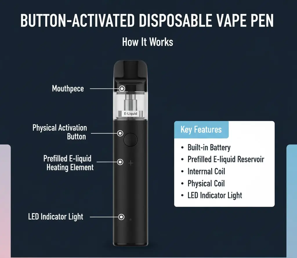 Hur man använder en Vape Pen för engångsbruk med en knapp: En nybörjares steg-för-steg-guide 3 Den här bilden visar en knappaktiverad engångspenna och belyser de grundläggande steg som nybörjare behöver känna till, inklusive aktivering, knappanvändning och korrekt inandningsteknik.