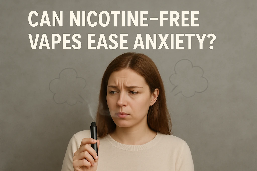 Håller i en nikotinfri vape och tittar eftertänksamt på frågan 'Kan nikotinfria vapes lindra ångest?