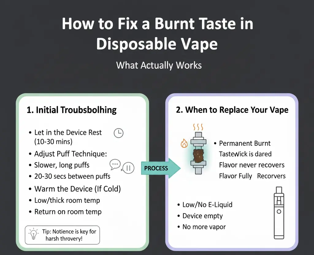 Ways to fix a burnt taste in a disposable vape by resting and adjusting puffing