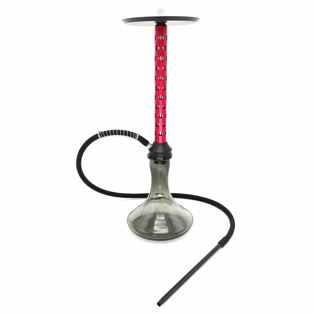 Hookah vs Shisha: Learn the Key Differences in 3 Minutes 3 A modern hookah with a red perforated stem, clear glass base, and black silicone hose ideal for shisha smoking