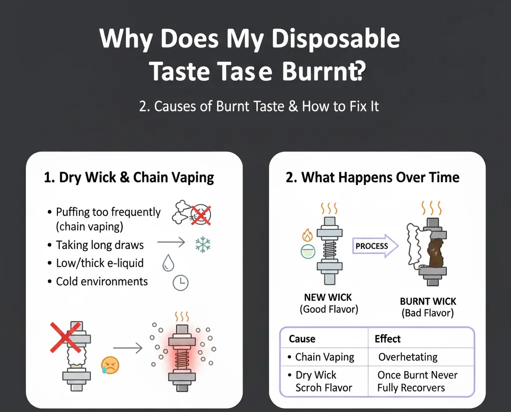 Common causes of burnt taste in disposable vapes including dry wick and overheating