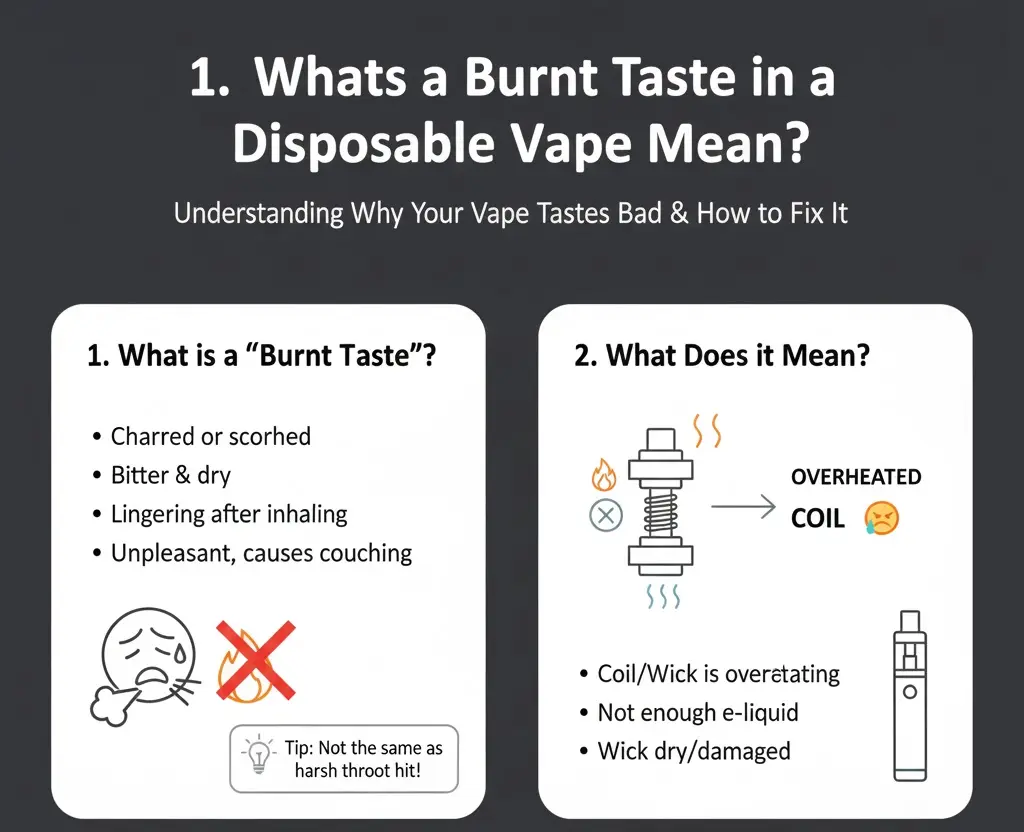 Burnt taste in disposable vape caused by overheated coil and dry wick