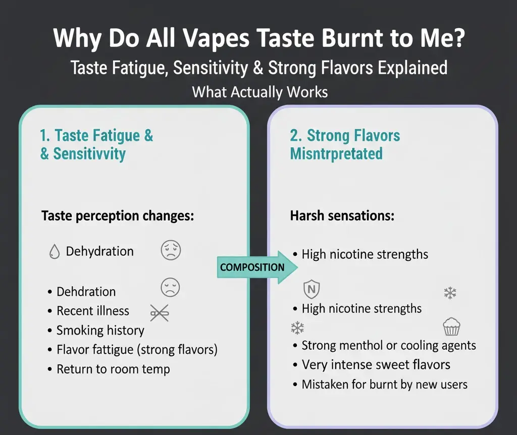 Reasons all vapes may taste burnt including taste fatigue and strong flavors