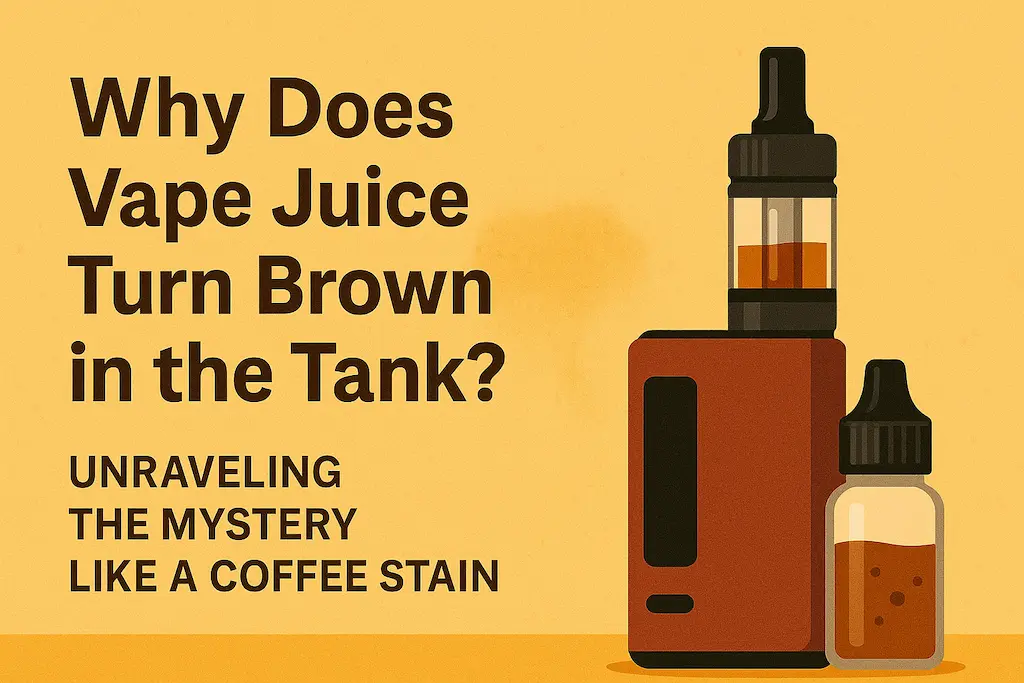 Showing a vape device and e-liquid turning brown with the headline "Why does vape juice turn brown in the tank?"