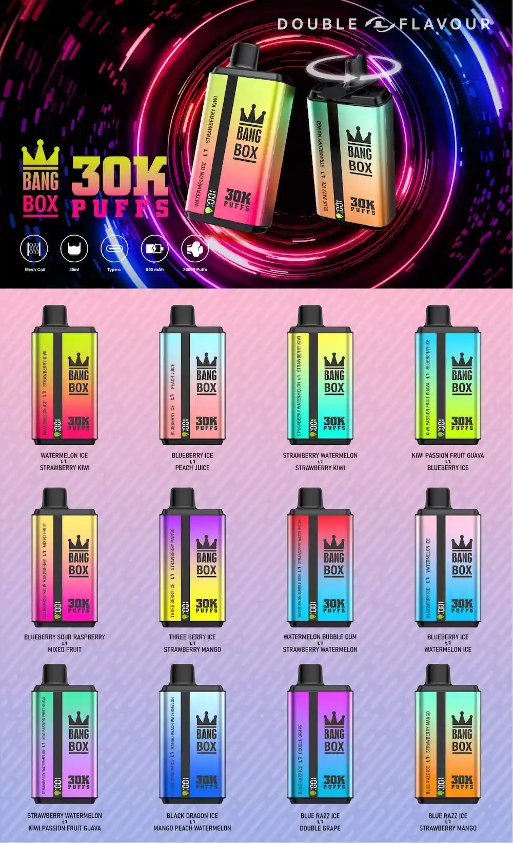 Bang Box 30000 30K Puffs Double Flavor Vape 15 Bang Box 30000 30K puffs disposable vape – all available flavors collection overview