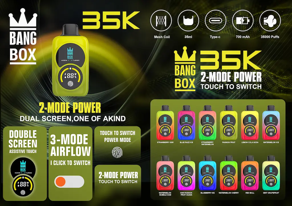 BANG BOX 35000 vape Funktionen mit Dual-Bildschirm, 2-Modus Leistung, Mesh-Spule, und 35ml e-Flüssigkeit