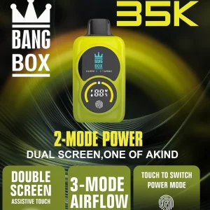 BANG BOX 35000 disposable vape front display with branding and device design