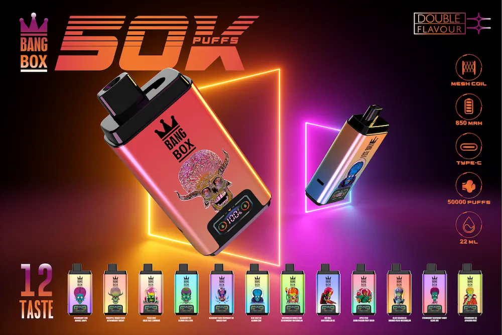 Bang Box 50000 50K Puffs Dual Flavor Vape jetable 14 Bang Box 50000 50k puffs disposable vape - Mesh coil, 22ml pour chaque saveur, 850mAh, Type-C