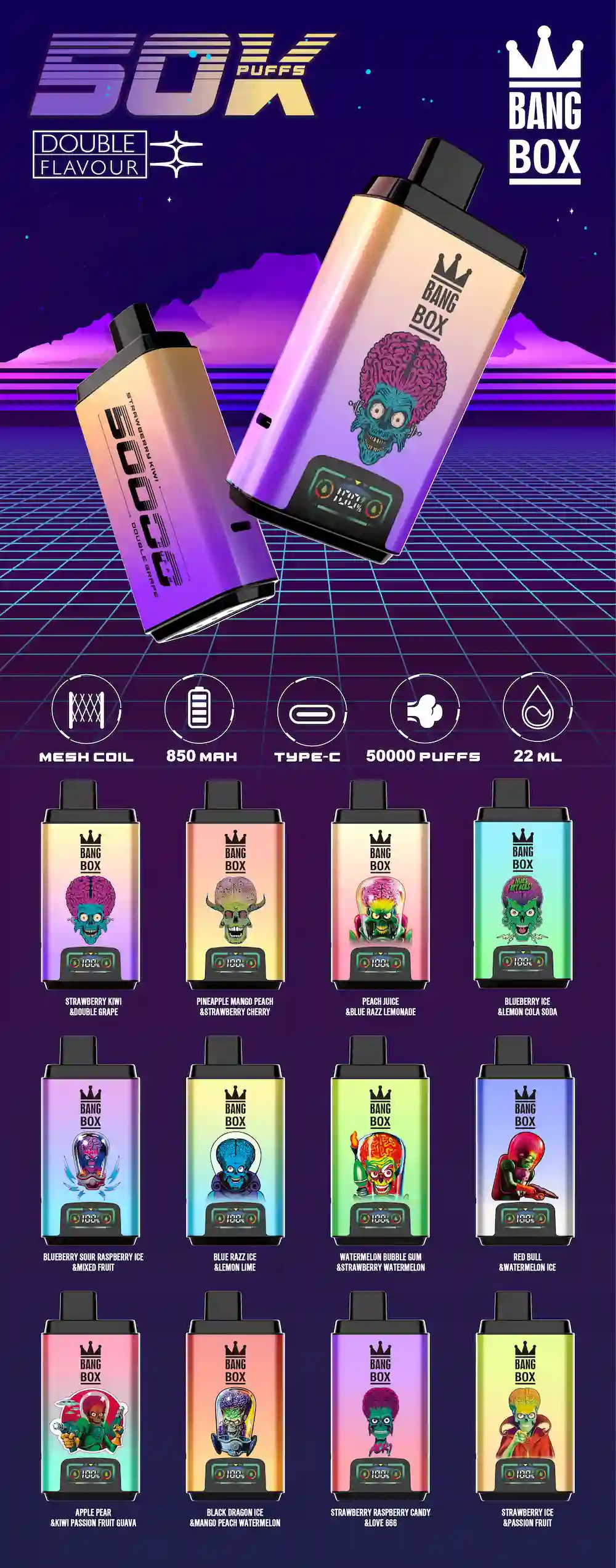 Bang Box 50000 50K Puffs Dual Flavor Vape jetable 15 Bang Box 50000 50k puffs disposable vape - 12 double flavor combinations