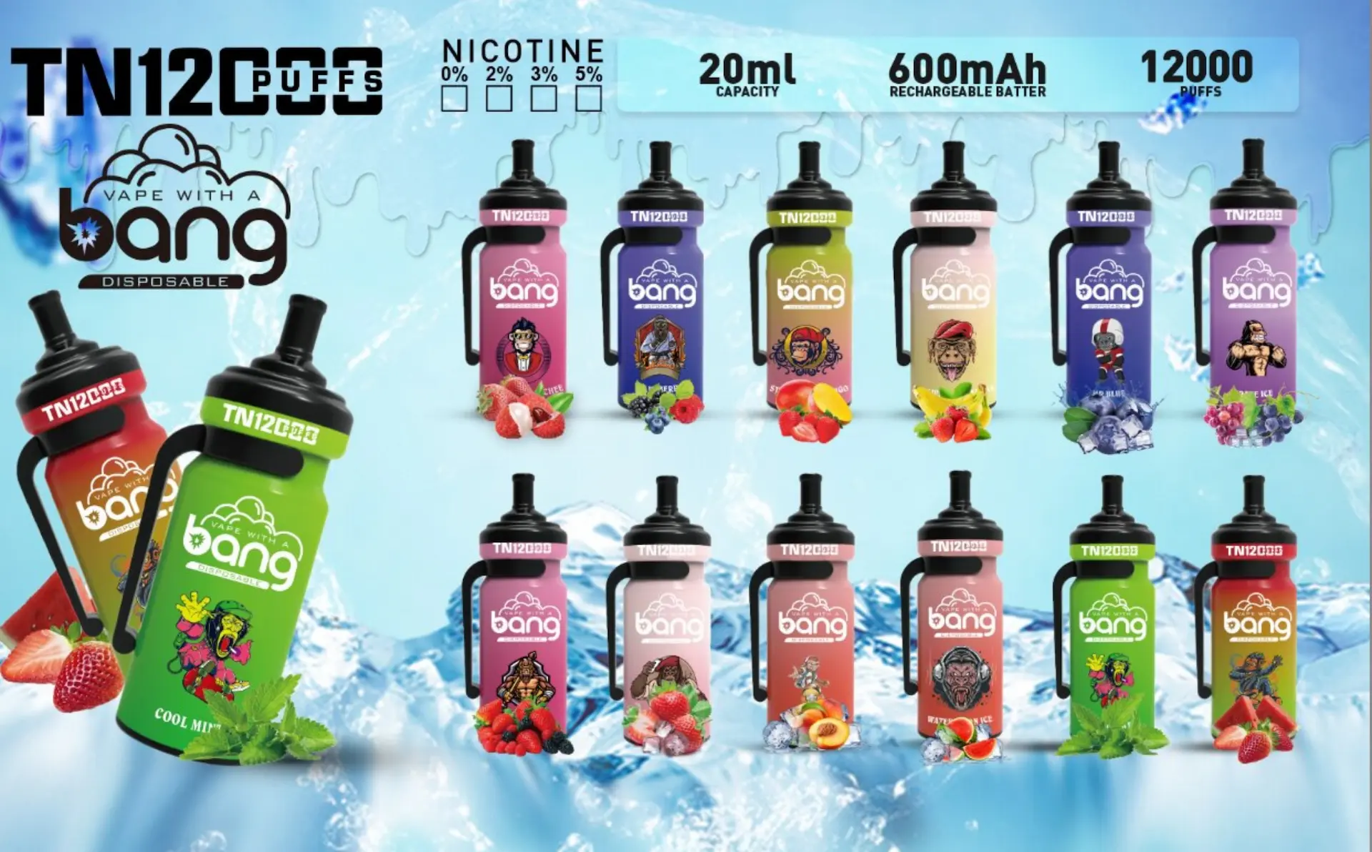 Bang TN 12000 flavor collection featuring 12 fruit-flavored options