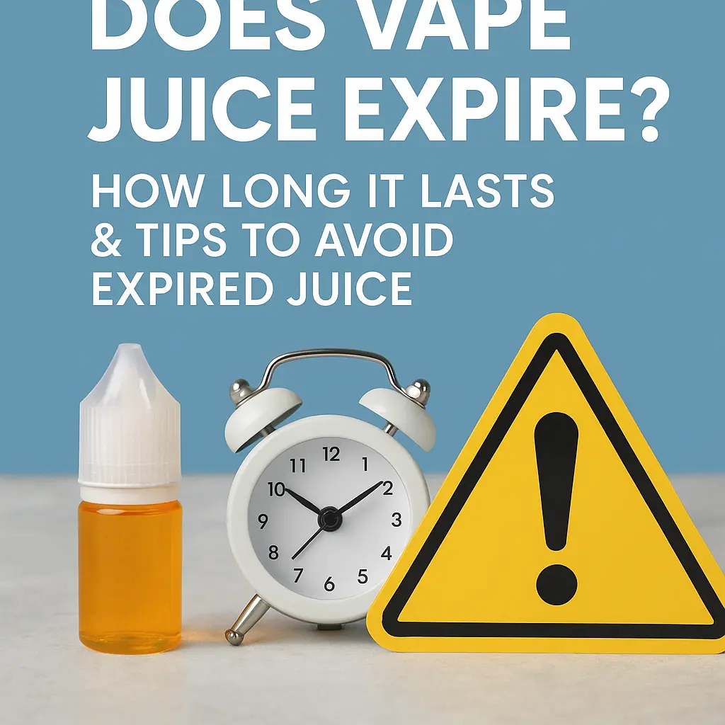 Does vape juice expire? Vape bottle with clock and warning sign showing e-liquid shelf life tips