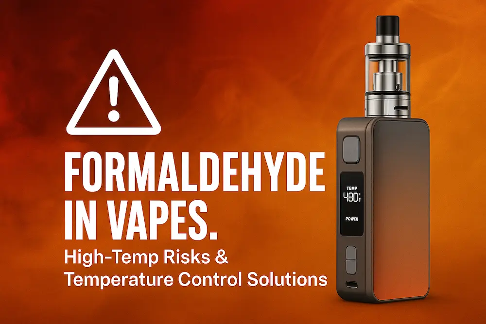 Vape warning about formaldehyde risks at high temperatures with control settings highlighted