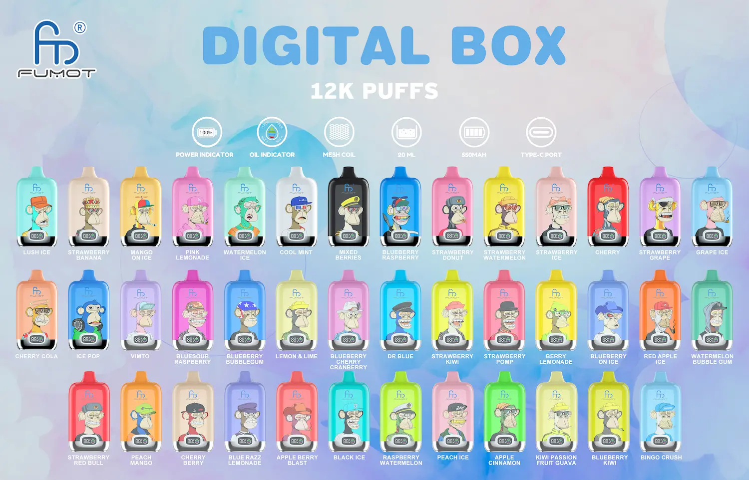 Fumot Digital Box 12000 12K puffs disposable vape full flavor lineup chart