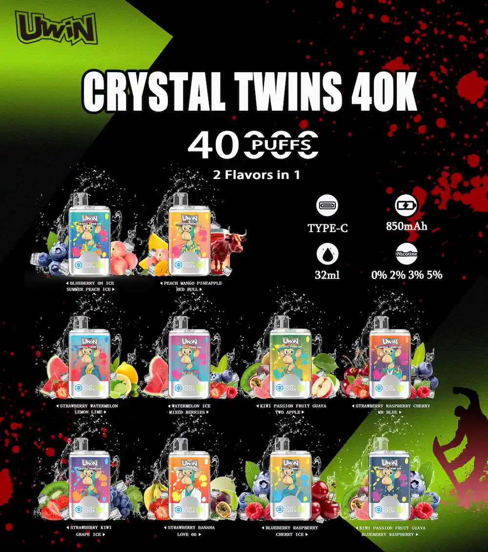 Uwin Twins Crystal 40000 40K Puffs Double Flavor Vape 17 Uwin Crystal Twins 40K dual flavor vape with 850mAh battery and 32ml tank