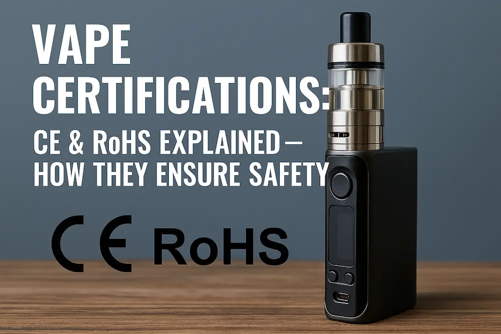 Vape device with CE and RoHS safety certification symbols – guide to vape compliance and safety standards