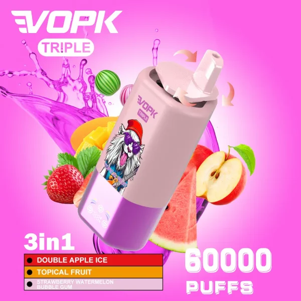 VOPK Triple 60000 puffs disposable vape - Double Apple Ice, Topical Fruit, Strawberry Watermelon Bubble Gum