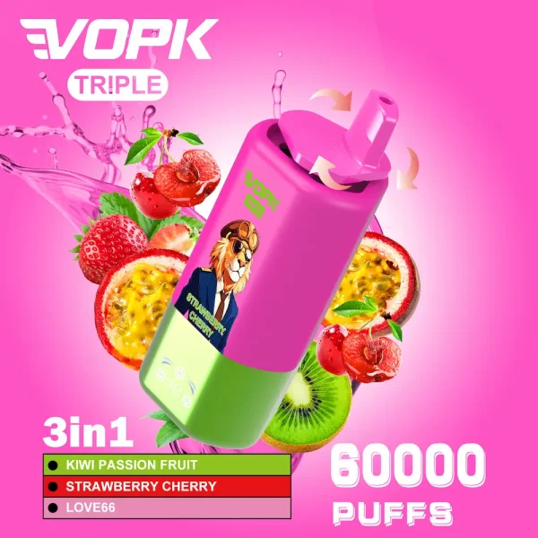 VOPK Triple 60000 puffs disposable vape - Kiwi Passion Fruit, Strawberry Cherry, Love66