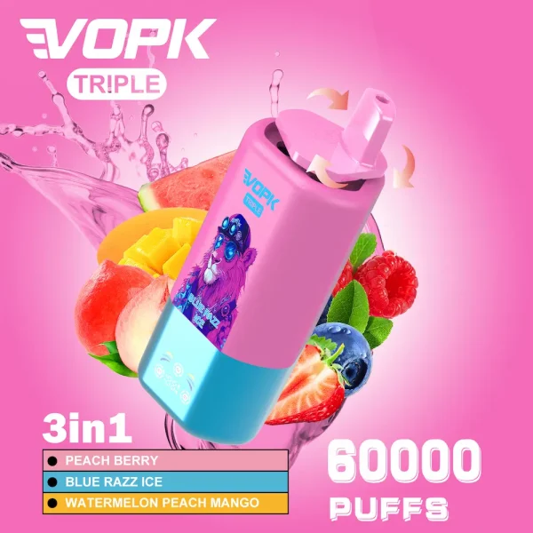 VOPK Triple 60000 puffs disposable vape - Peach Berry, Blue Razz Ice, Watermelon Peach Mango