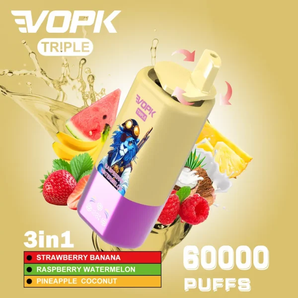 VOPK Triple 60000 puffs disposable vape - Strawberry Banana, Raspberry Watermelon, Pineapple Coconut