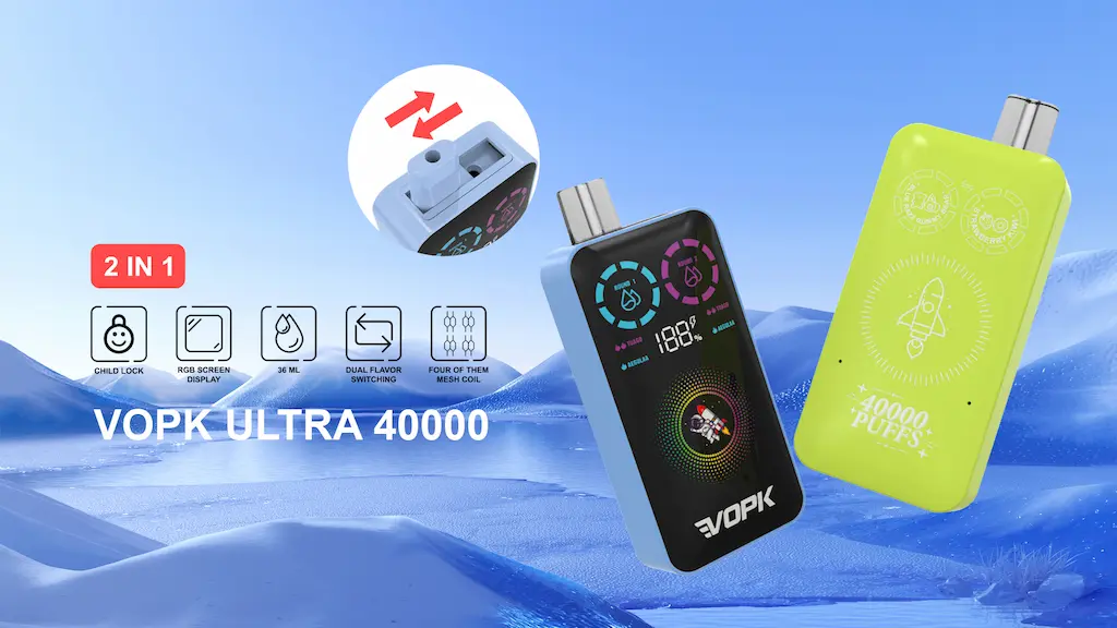 VOPK Ultra 40000 disposable vape with dual flavor system, RGB screen, and child lock
